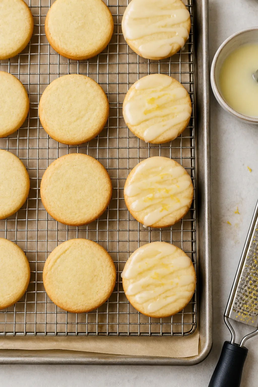Overhead shot of freshly baked keto lemon shortbread cookies cooling on a wire rack, edges lightly g