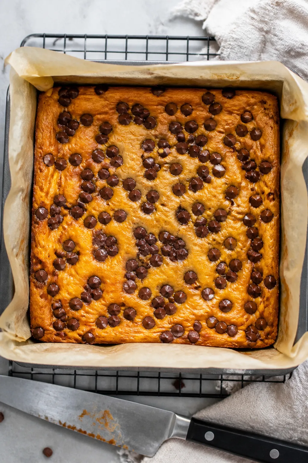 Overhead shot of freshly baked Keto Pumpkin Chocolate Chip Cheesecake Bars in an 8x8 pan lined with 