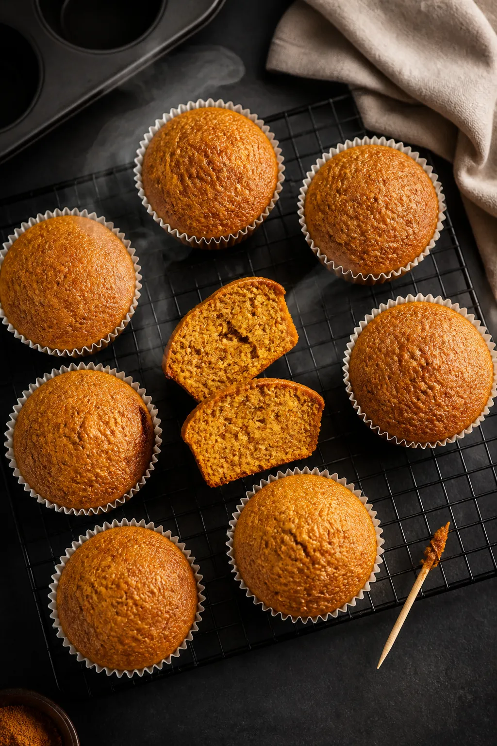 Overhead shot of freshly baked keto pumpkin cupcakes cooling on a wire rack, golden-brown domed tops
