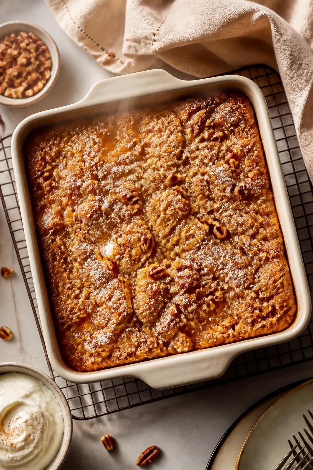 Overhead shot of freshly baked Keto Pumpkin Pie Dump Cake just out of the oven in a 9x9 ceramic baki