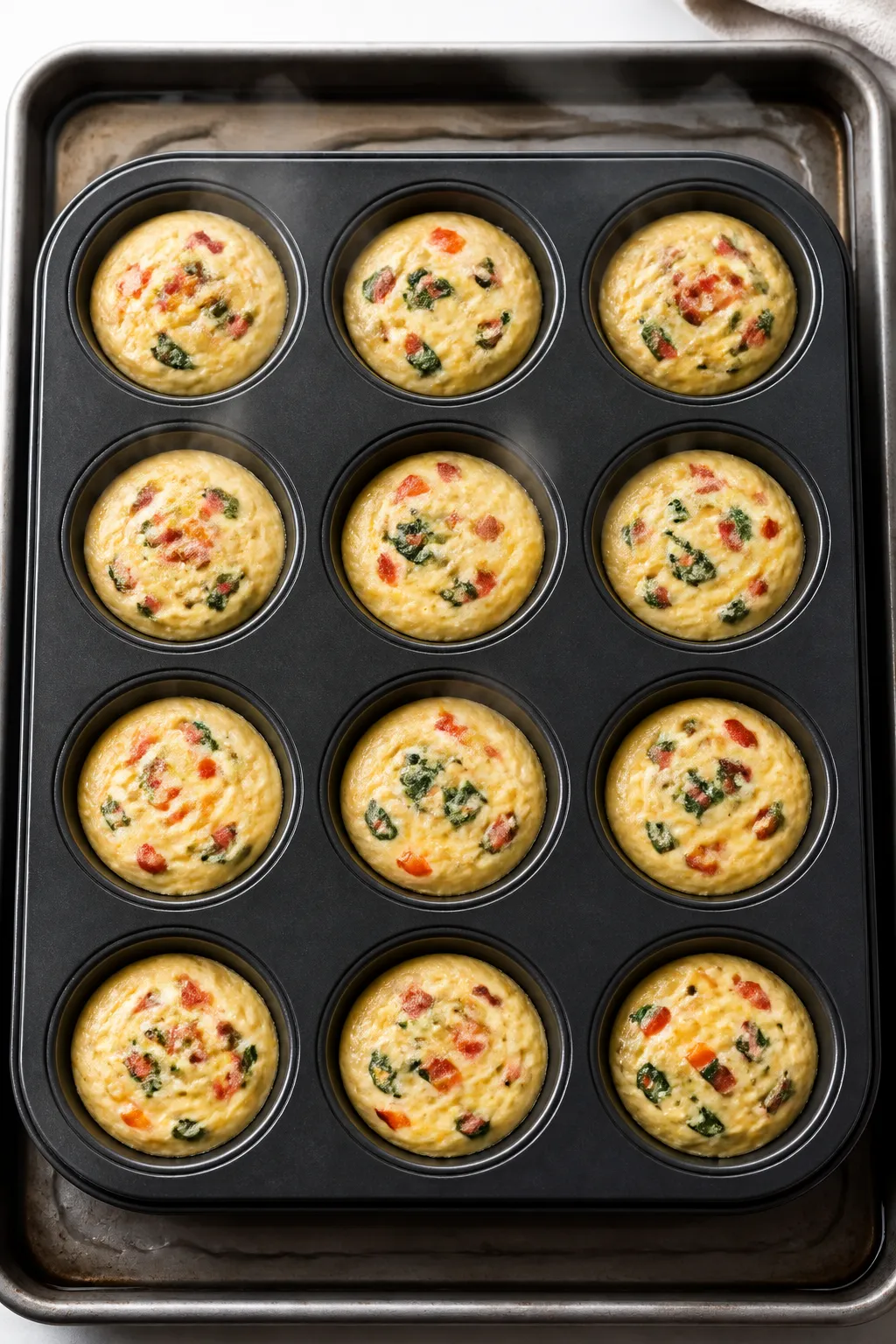 Overhead shot of freshly baked low-calorie Starbucks-style egg bites resting in a nonstick 12-cup mu
