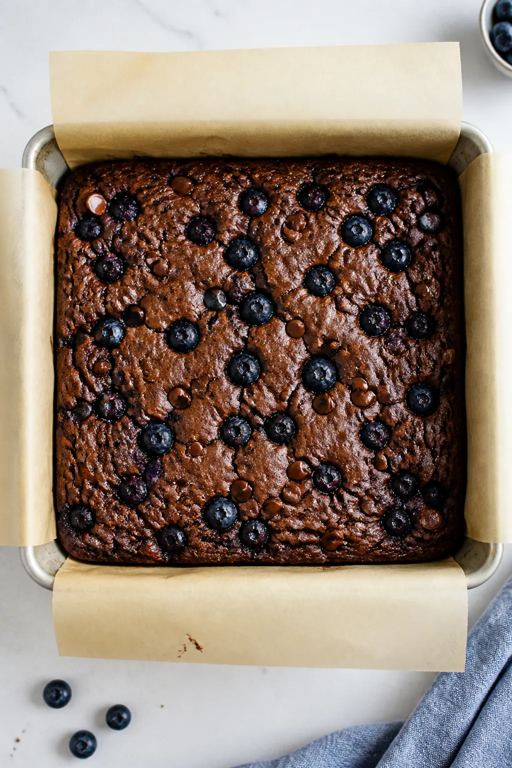 Overhead shot of freshly baked low-carb blueberry protein brownies cooling in an 8x8 parchment-lined