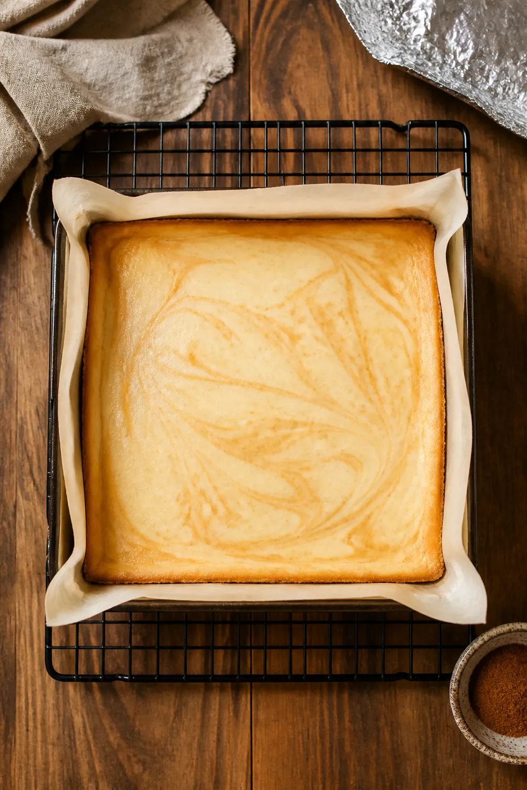 Overhead shot of freshly baked Low Carb Pumpkin Cheesecake Bars cooling on a wire rack, still in the
