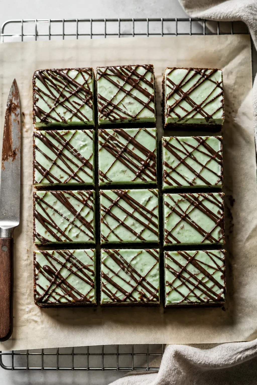 Overhead shot of freshly sliced Low Carb Chocolate Mint Cheesecake Bars on parchment lifted from an 