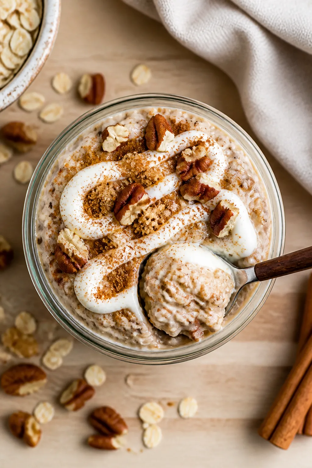 Overhead shot of High Protein Cinnamon Roll Overnight Oats after overnight chill, in a clear glass j