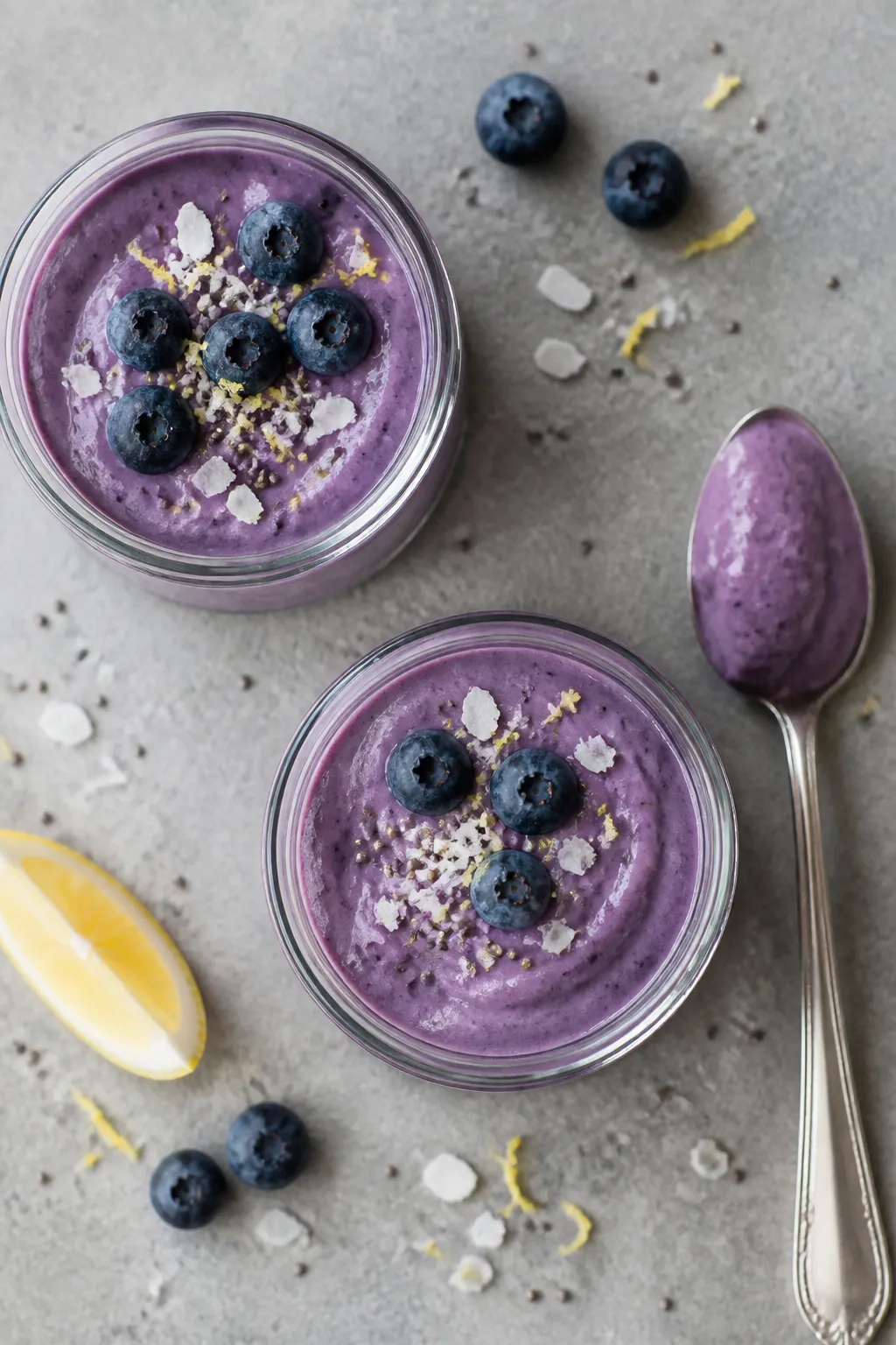 Overhead shot of Low Carb Blueberry Protein Pudding after chilling, set in two small glass jars on a