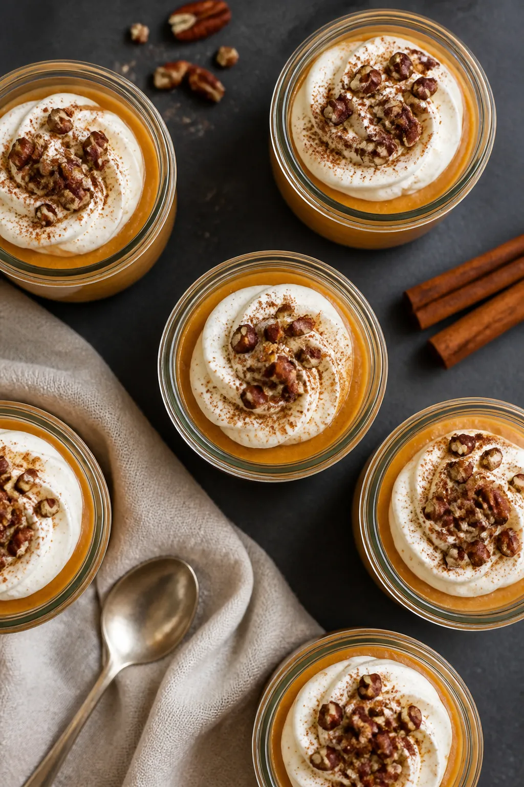 Overhead shot of Low Carb Pumpkin Pie Protein Pudding portioned into small glass jars for meal prep,