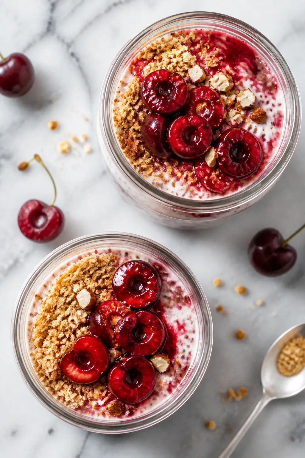 Overhead shot of prepared High Protein Cherry Cheesecake Overnight Oats just after an overnight chil