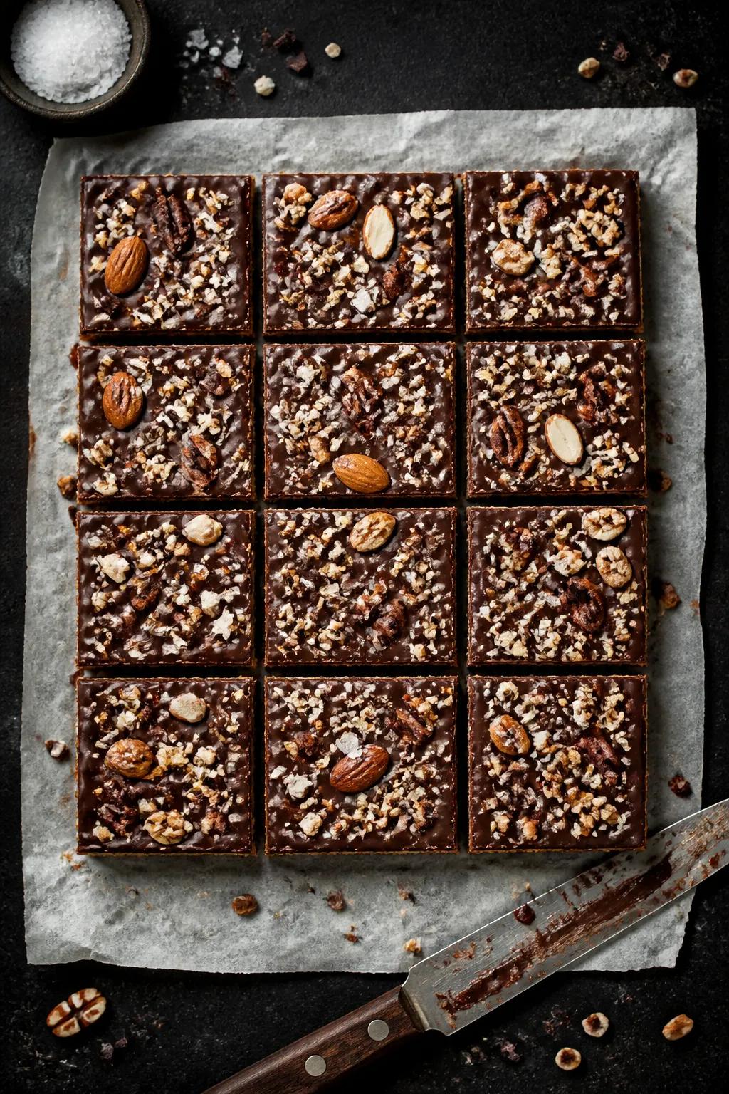 Overhead shot of sliced Keto Chocolate Crunch Bars arranged in a neat grid on parchment lifted from 
