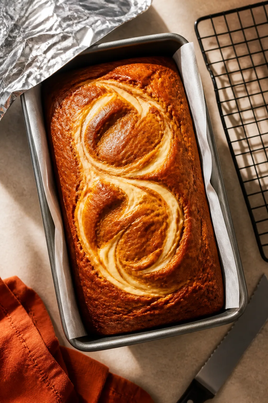 Overhead shot of the baked low carb pumpkin bread in the parchment-lined 9x5-inch loaf pan just out 