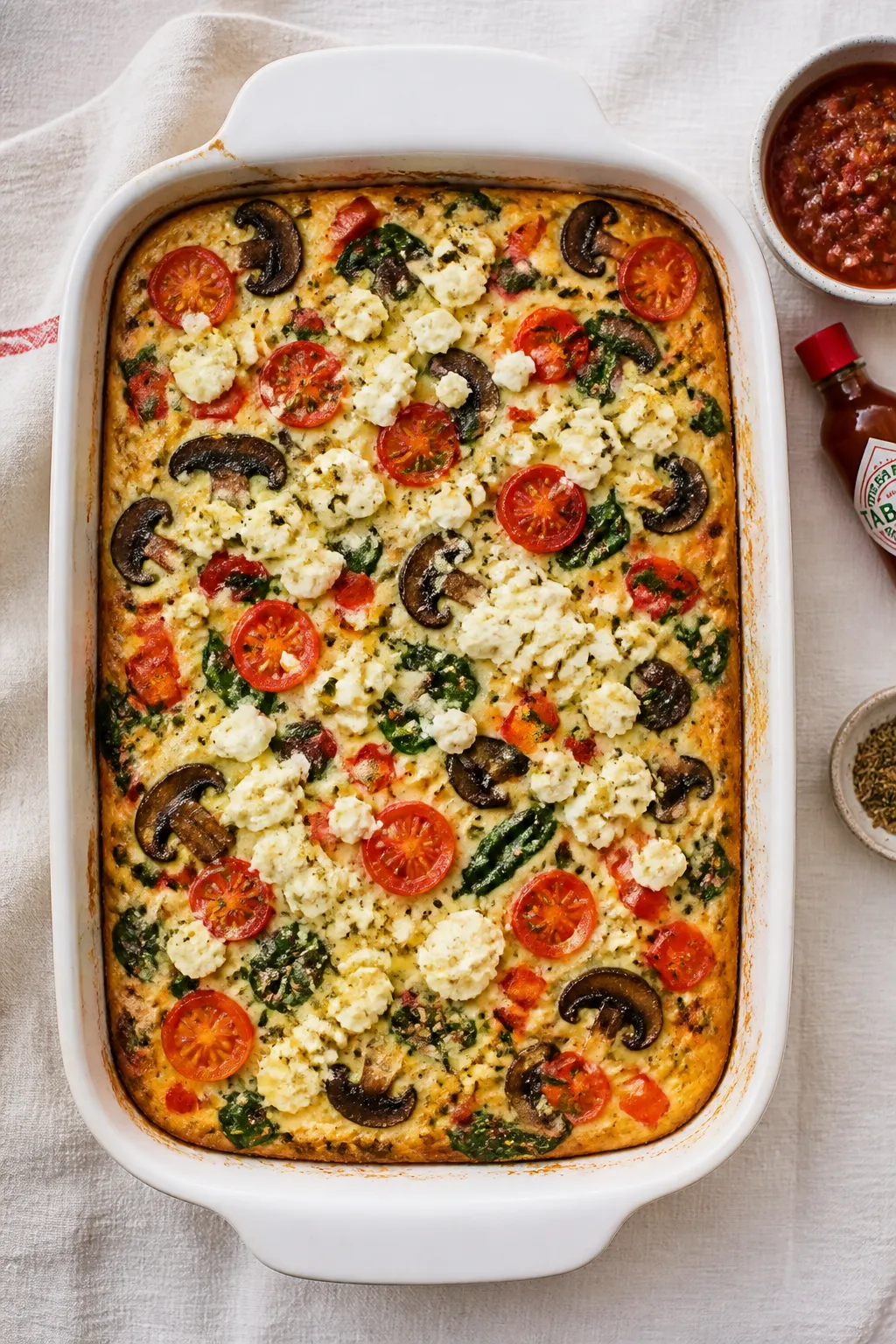 Overhead shot of the Egg White Veggie Breakfast Bake just out of the oven in a 9x13-inch dish, cente