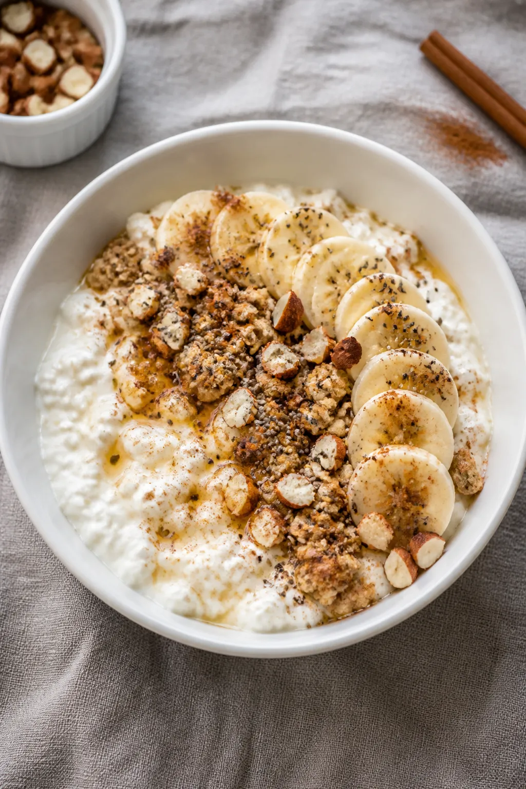 Overhead shot of the finished High Protein Breakfast Bowl: creamy Greek yogurt–protein base marble