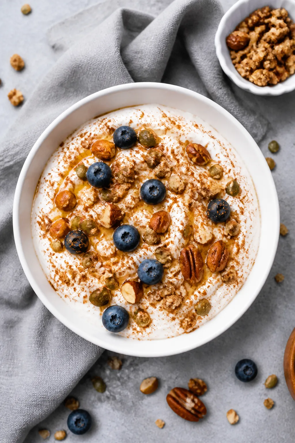 Overhead shot of the finished High Protein Cinnamon Crunch Yogurt Bowl: ultra-thick Greek yogurt bas
