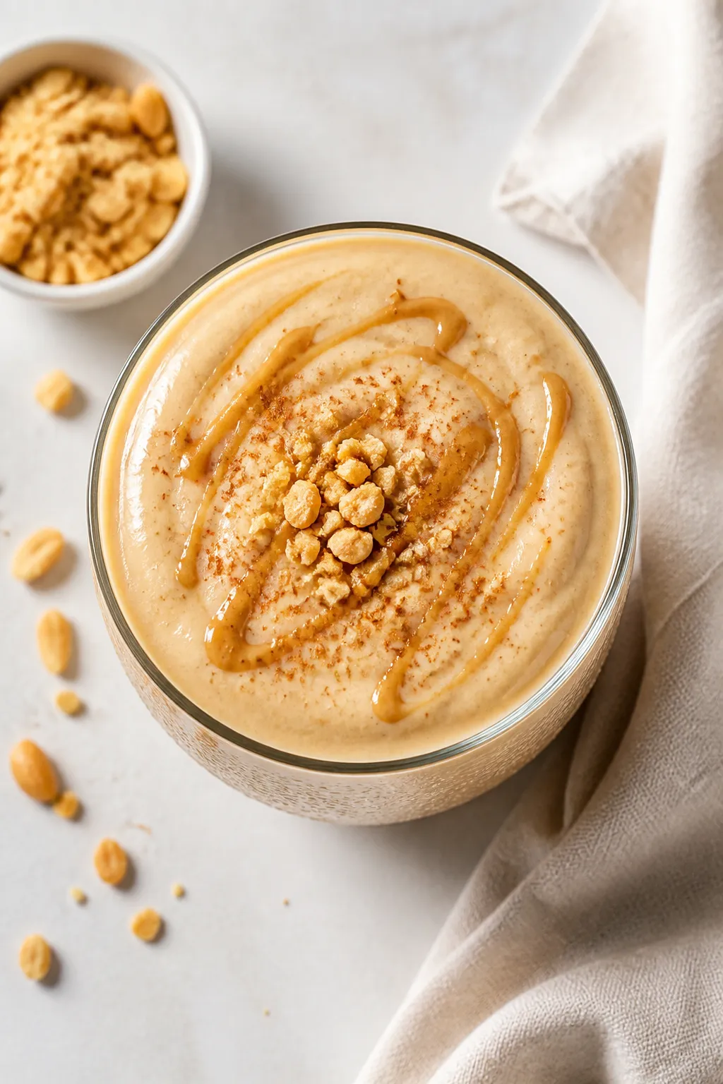 Overhead shot of the finished High Protein Peanut Butter Smoothie poured into a chilled clear glass,