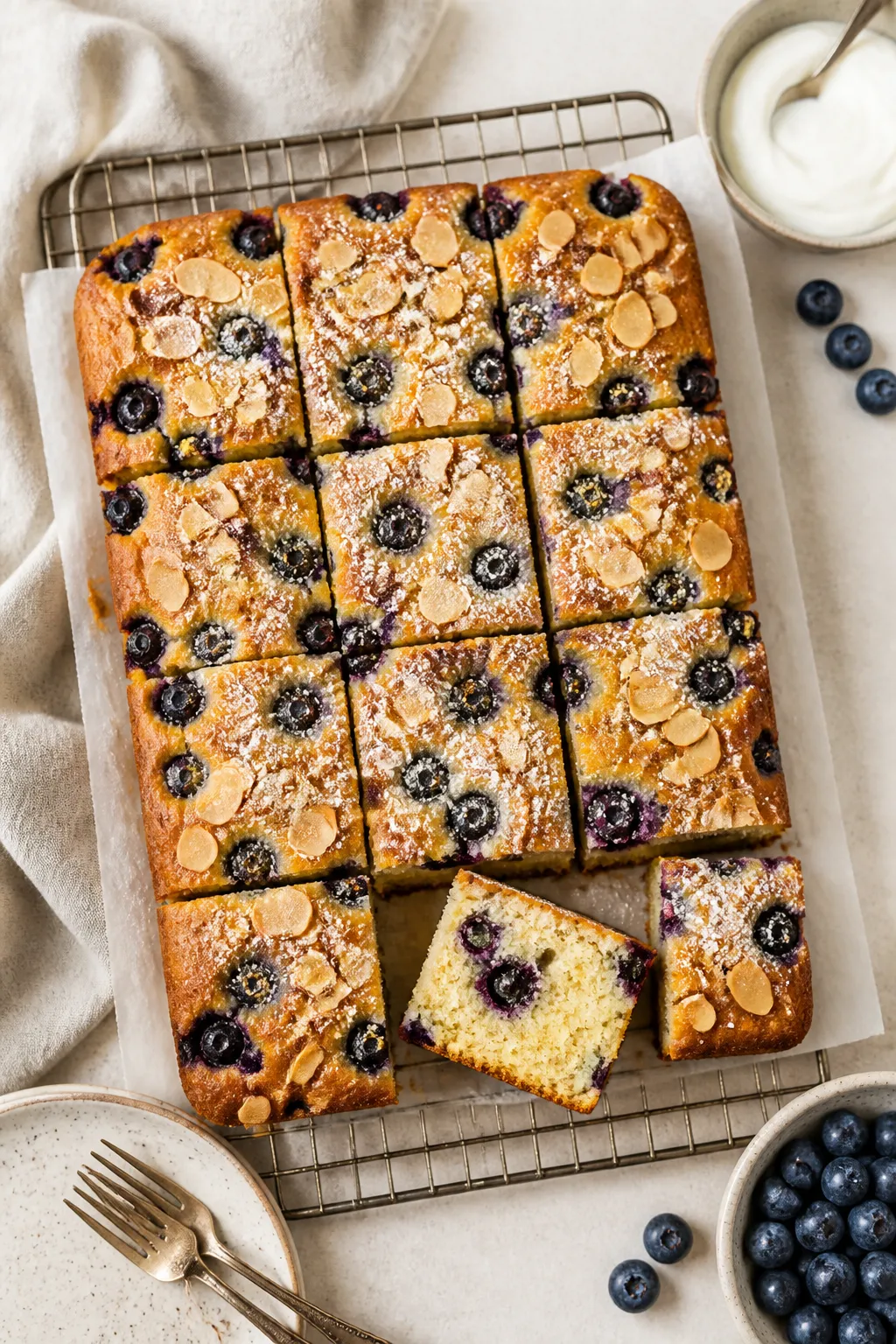 Overhead shot of the freshly baked High Protein Blueberry Almond Cake cooling on a wire rack, parchm