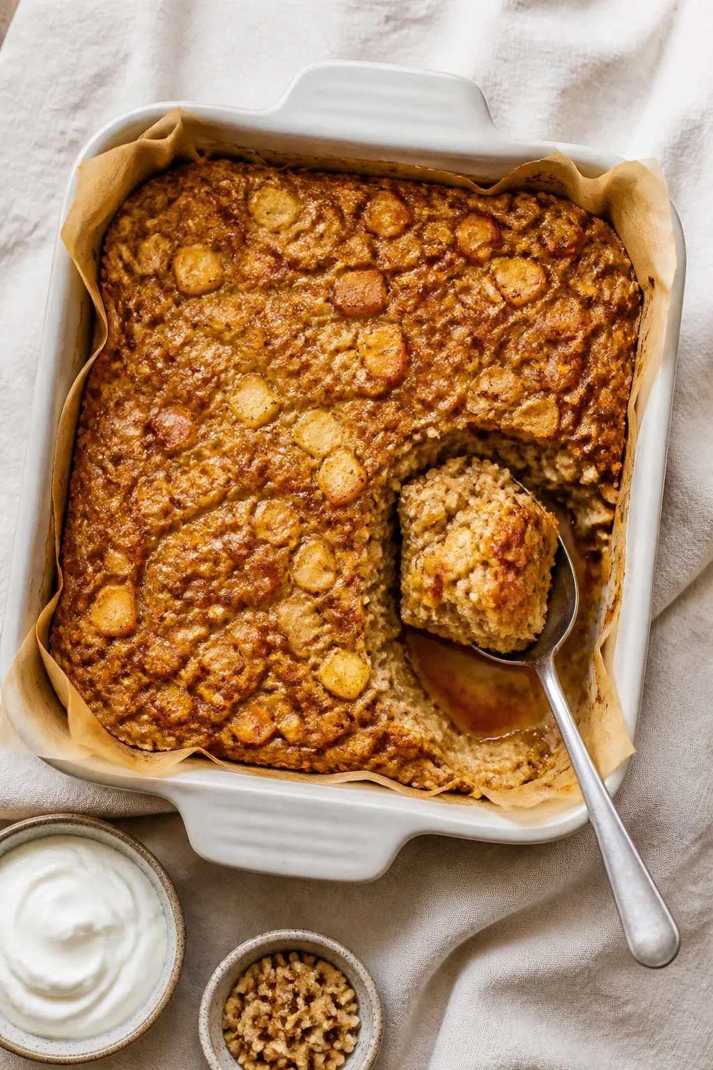 Overhead shot of the freshly baked High Protein Cinnamon Apple Bake just out of the oven in an 8x8 p