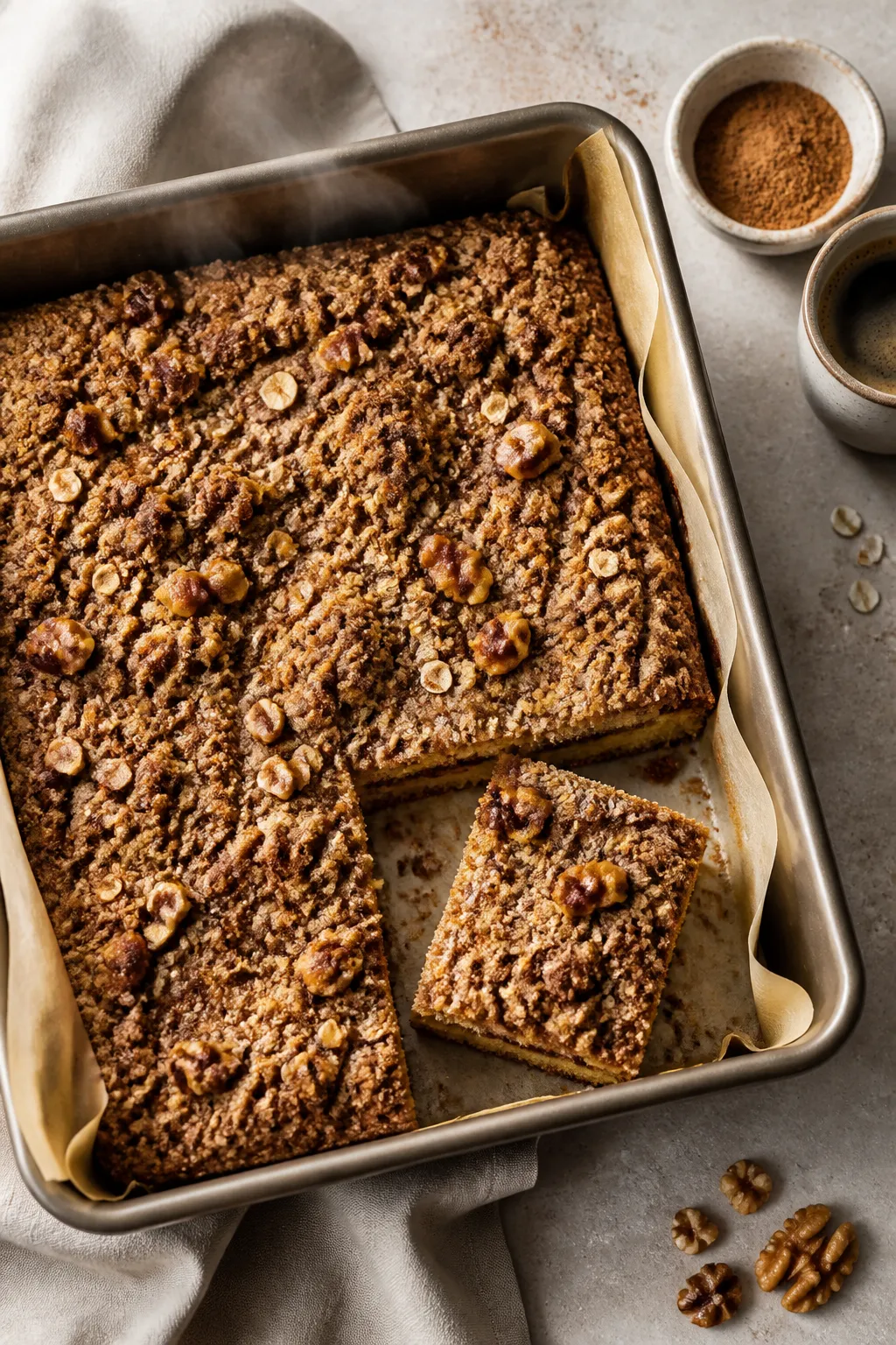Overhead shot of the freshly baked Low-Calorie Coffee Cake Protein Bake cooling in an 8x8-inch pan, 