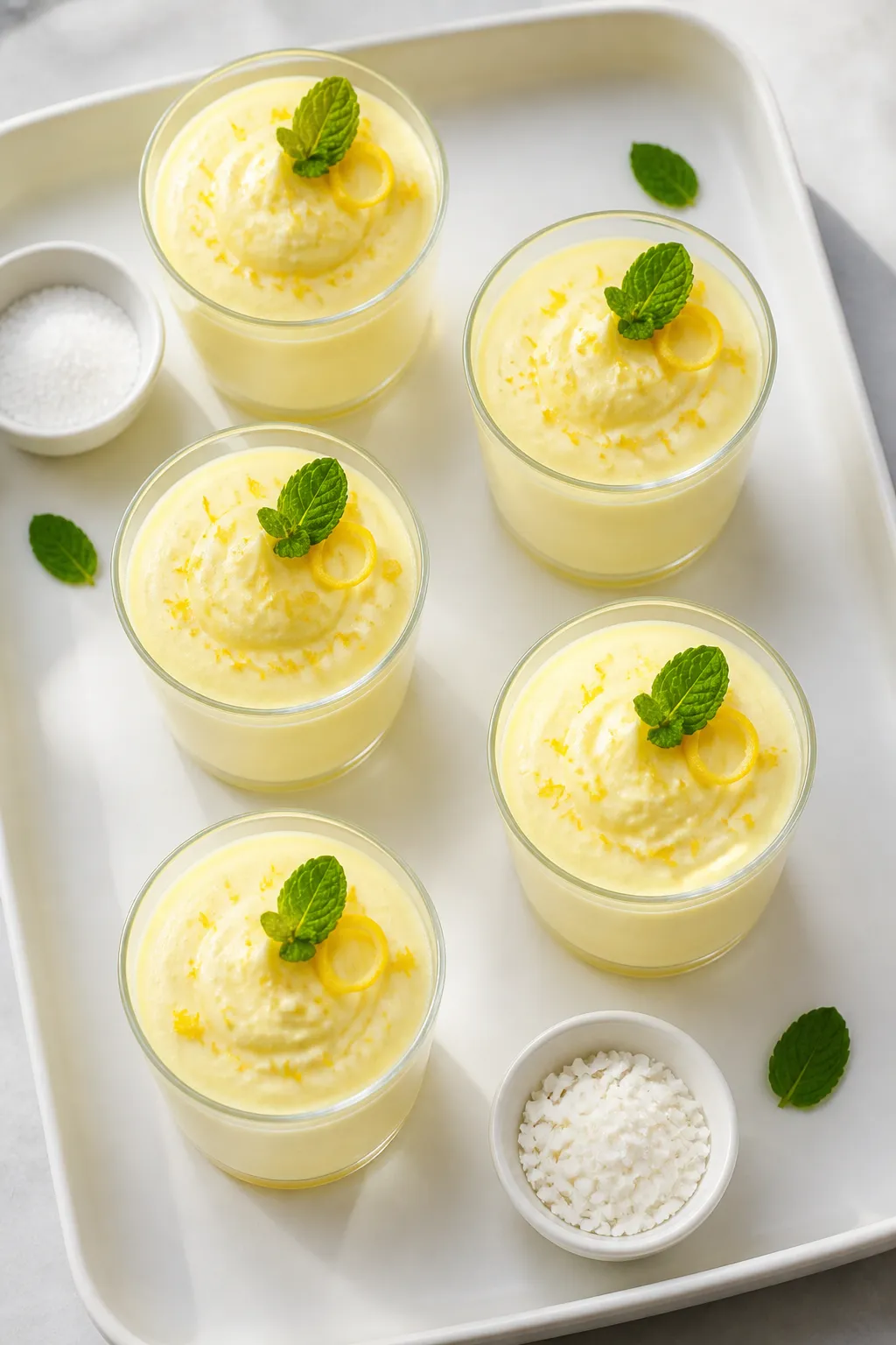 Overhead “tasty top view” of individually portioned servings in small clear glasses on a matte w