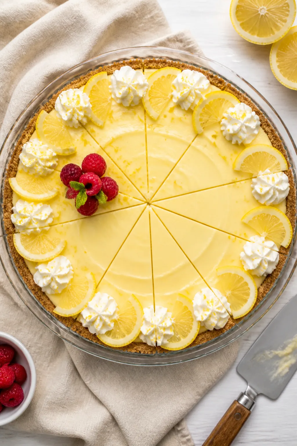 Overhead “tasty top view” of the fully set Sugar Free Lemon Icebox Pie in a 9-inch dish, smooth,