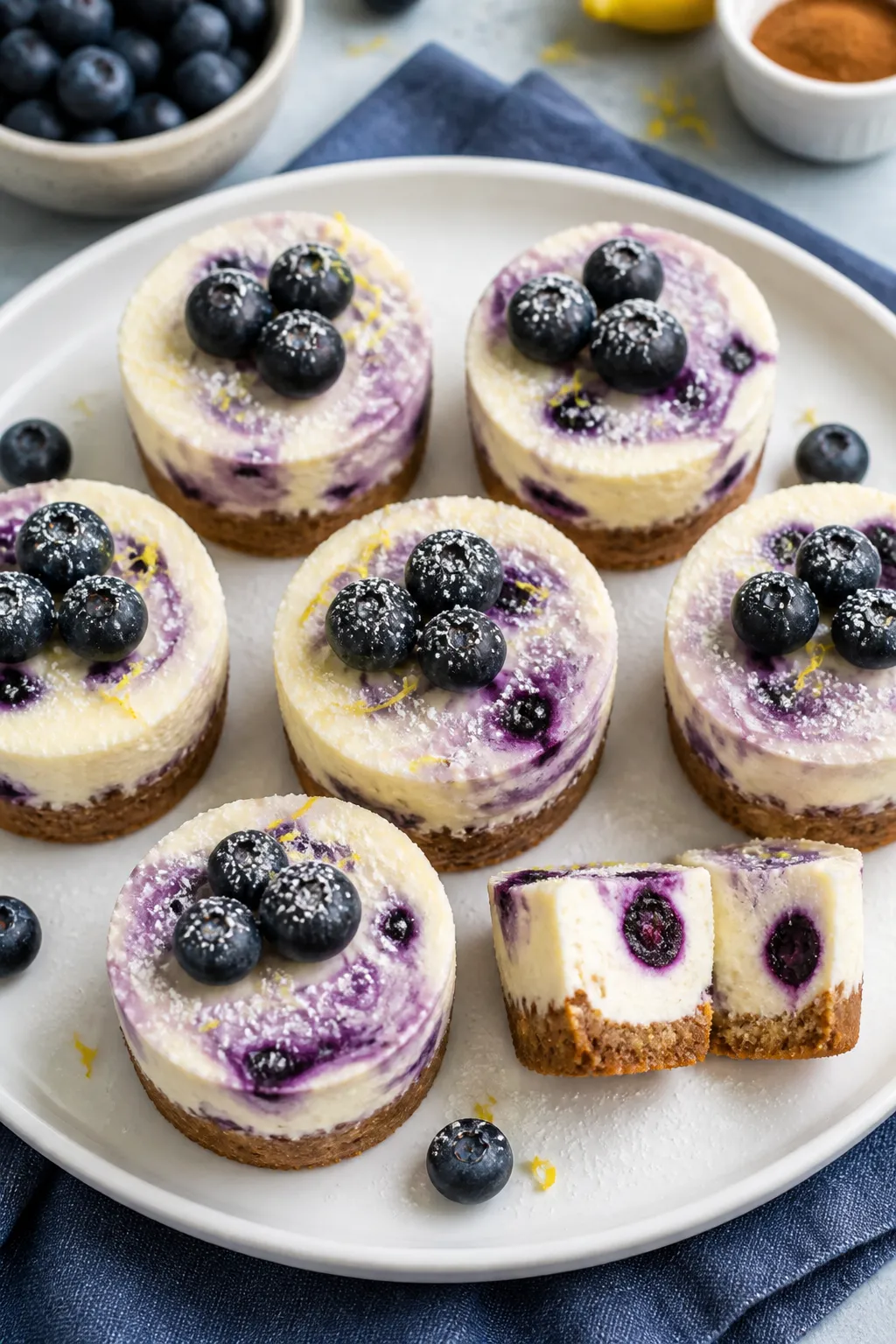 Tasty top view, final presentation: Overhead shot of plated Keto Blueberry Cheesecake Bites on a mat