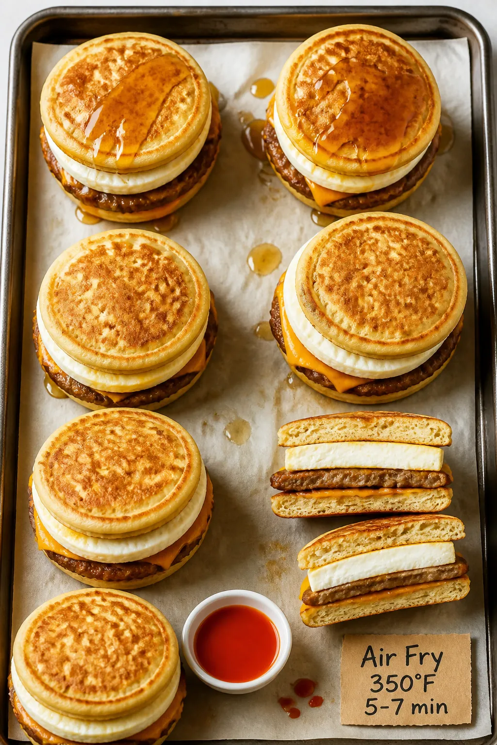 Tasty top view, final presentation: Overhead shot of assembled High Protein McGriddle sandwiches—s