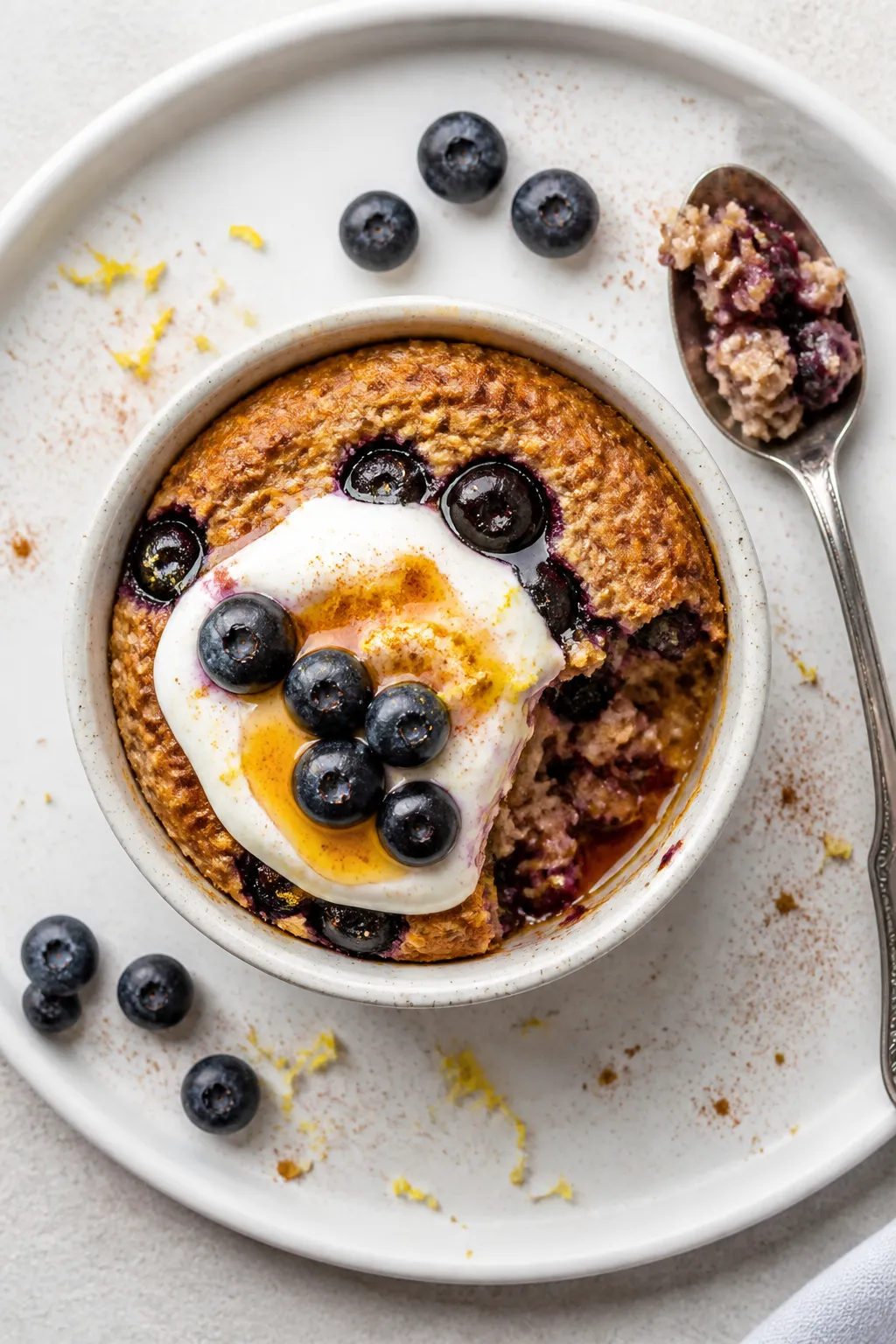 Tasty top view, final presentation: Overhead shot of a single-serve blueberry muffin baked oats in a