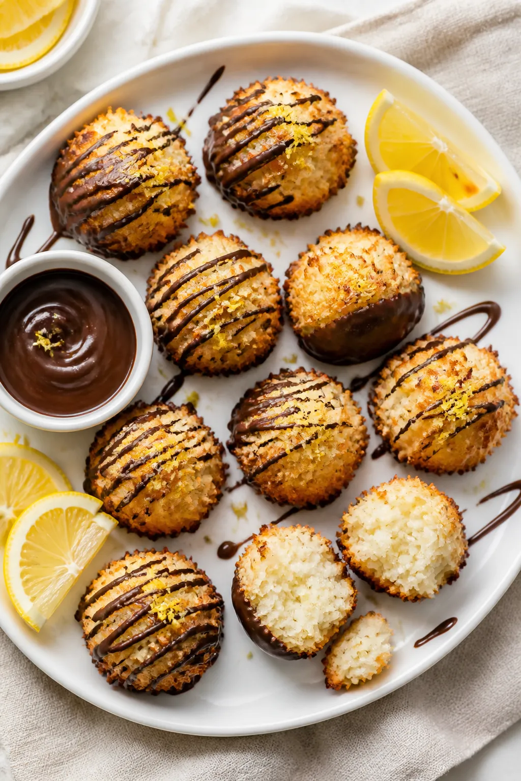 Tasty top view, final presentation: Overhead shot of Low Carb Lemon Coconut Macaroons arranged on a 