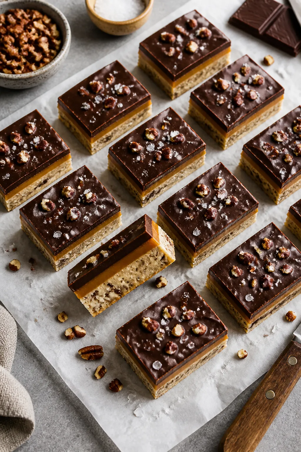 Tasty top view final presentation: Overhead shot of neatly sliced low-carb chocolate toffee crunch b